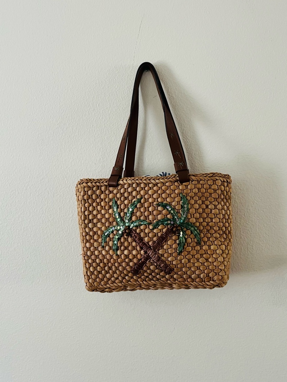 Capelli straworld Brown Woven Tote with Green Sequin Palm Trees